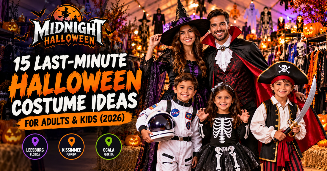 Last-minute Halloween costume ideas for adults and kids featuring witch, vampire, astronaut, skeleton and pirate outfits