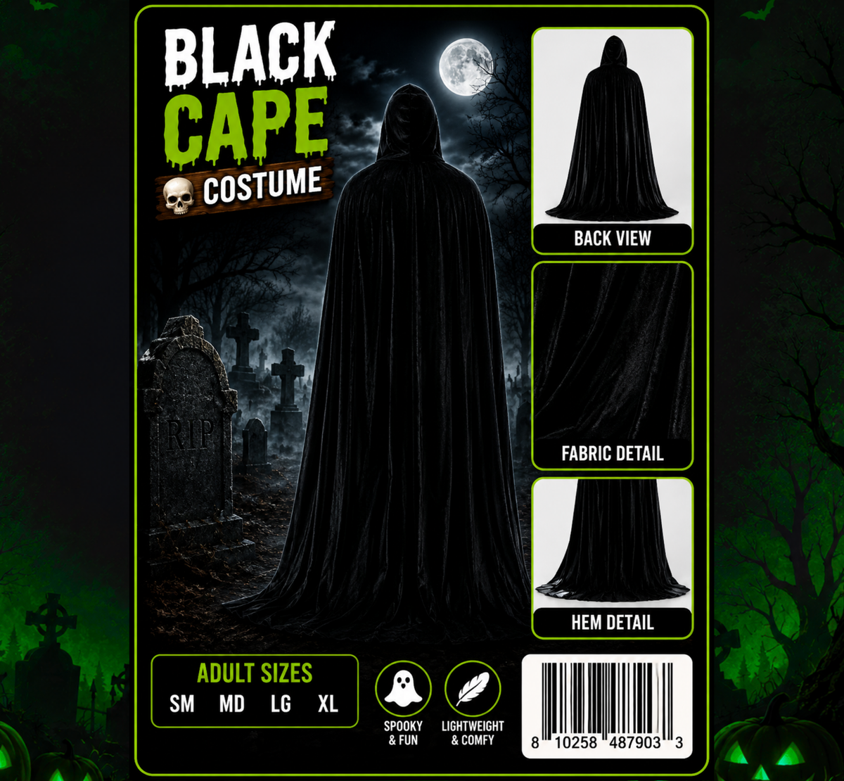 Adult Black Cape Costume at Midnight Halloween