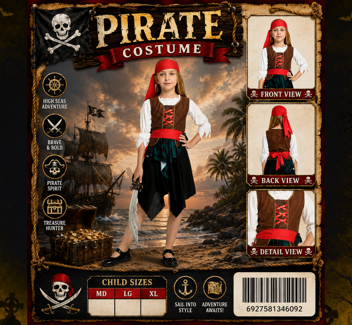 Girls' Pirate Costume at Midnight Halloween