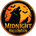 A circular Halloween-themed graphic with the words “MIDNIGHT HALLOWEEN” in stylized orange lettering. The design shows a large black howling wolf in front of an orange full moon, a smaller wolf howling at right, bats flying, bare tree branches, and a black starry sky.