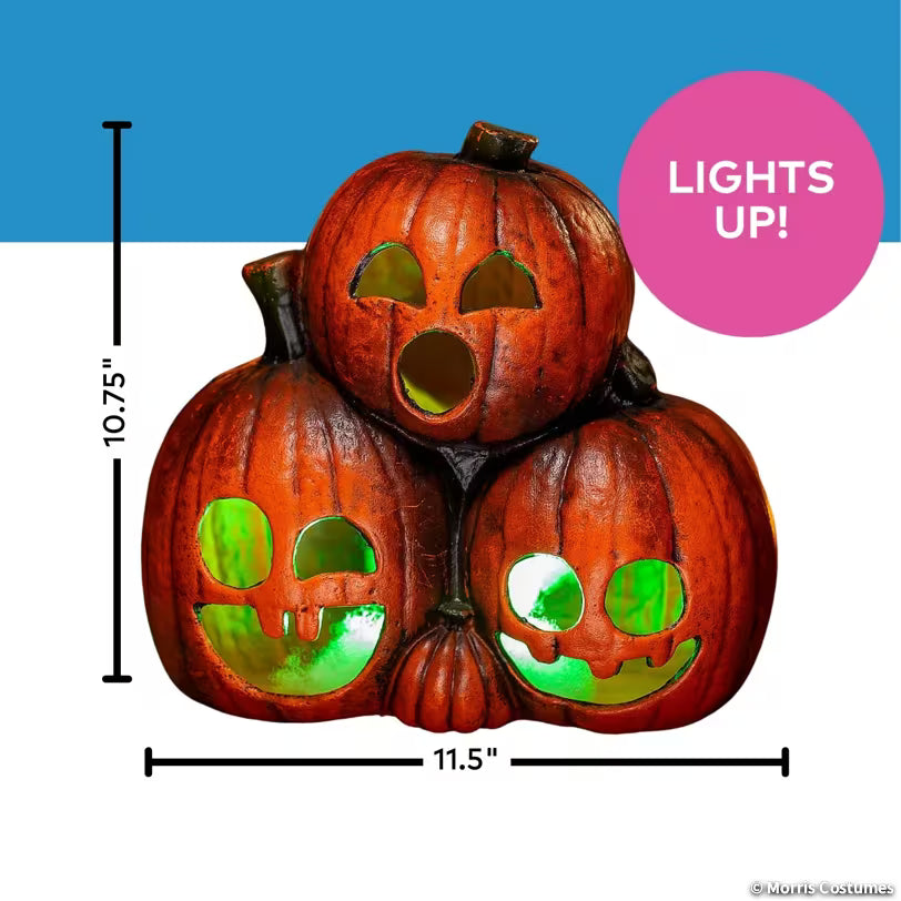 Light-up pumpkin trio measuring 11.5 inches wide by 10.75 inches high