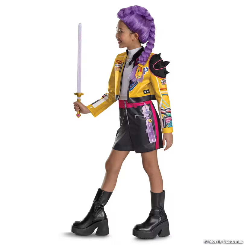 Kids Rumi costume, side view with separately sold wig and sword
