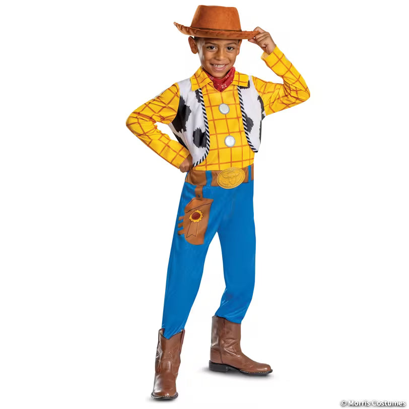 Kids Toy Story 5 Woody costume with hat and kerchief, front view