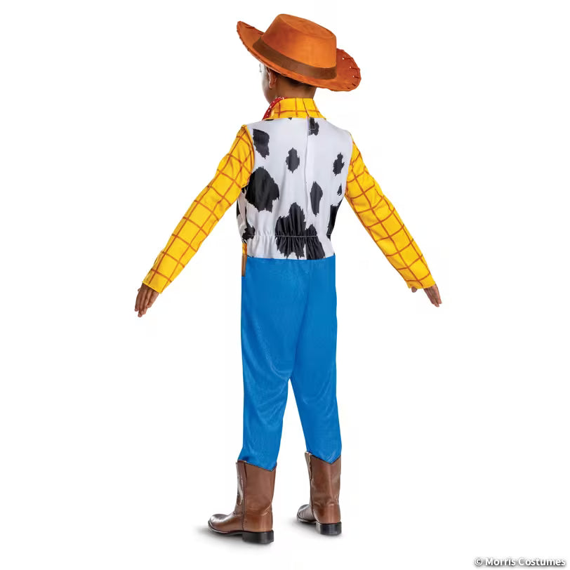 Kids Woody costume with attached cow-print vest, back view