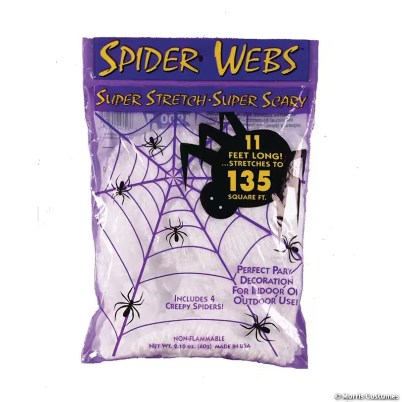 White stretch spider web packaging showing 135 square feet coverage and four included spiders