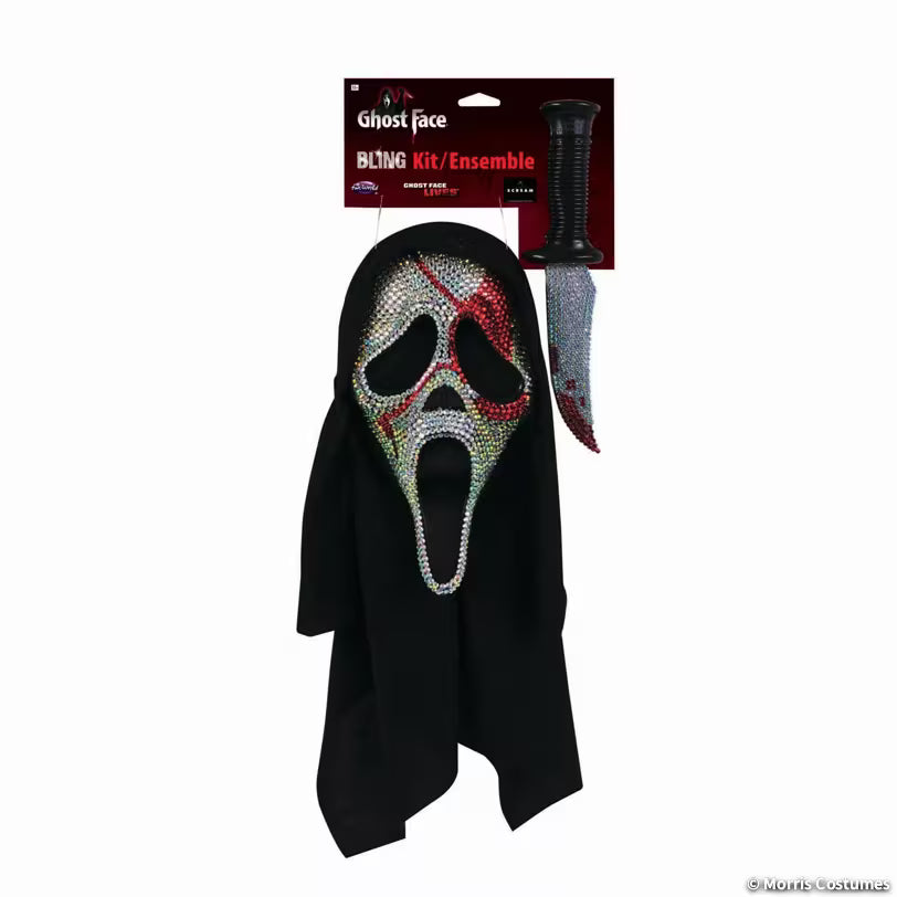 Ghost Face Bloody Bling mask with black shroud and matching prop knife in retail packaging