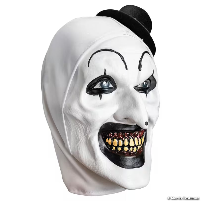Terrifier Art the Clown plastic mask with miniature black hat, angled view