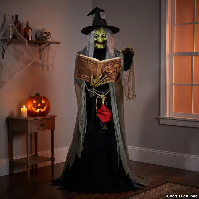 Spell-Speaking Witch animatronic displayed in a decorated Halloween room
