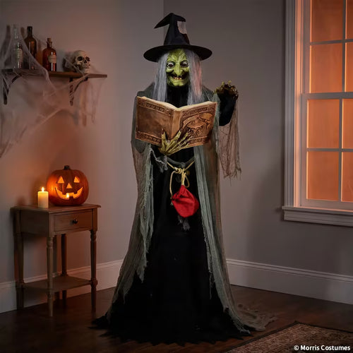 Spell-Speaking Witch animatronic displayed in a decorated Halloween room