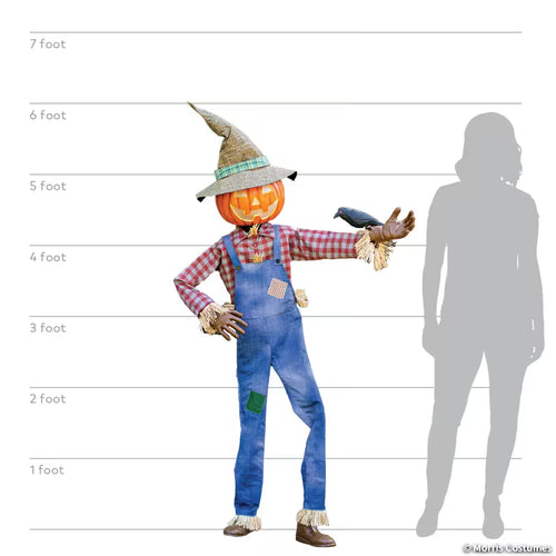 Whimsical Scarecrow animatronic with six-foot height comparison