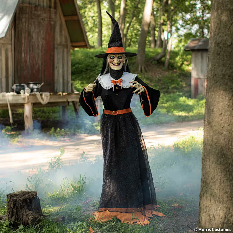 Seven-foot Whimsical Witch animatronic, full-length Halloween display