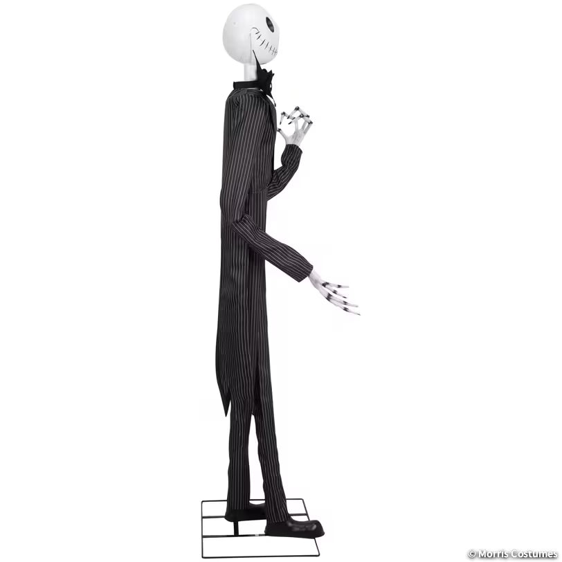 Jack Skellington animatronic in a black pinstripe suit, side view