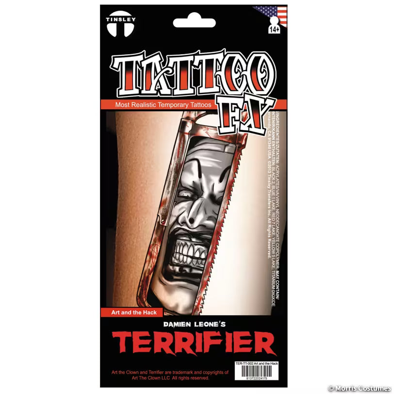 Tinsley Transfers Art the Clown with hacksaw temporary tattoo packaging