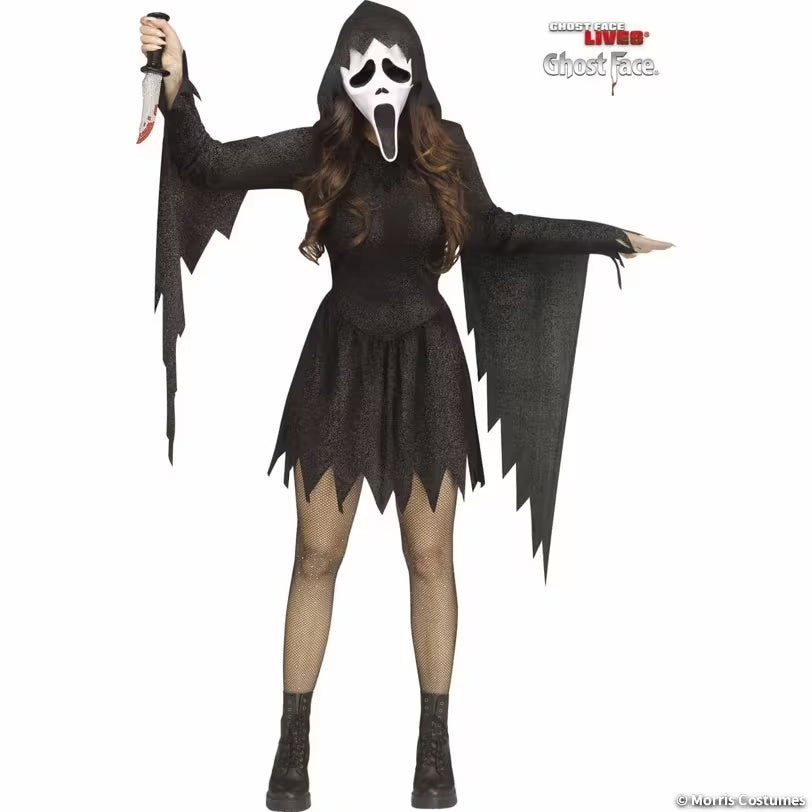 Women's Ghost Face black glitter dress costume front view